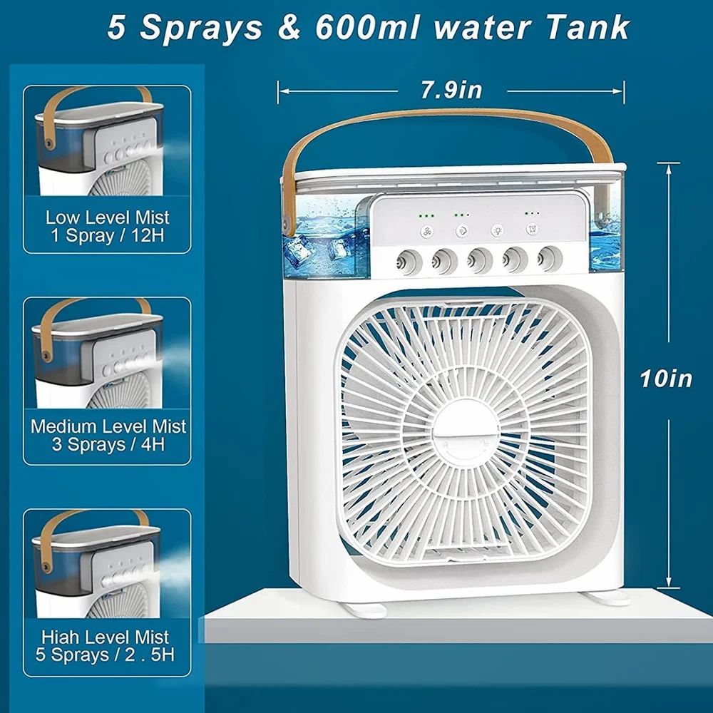 Portable Misting Fan with 600ml Tank, 5 Spray Modes, 7-Colour LED Light, Timer Function, Ultra-Quiet Operation