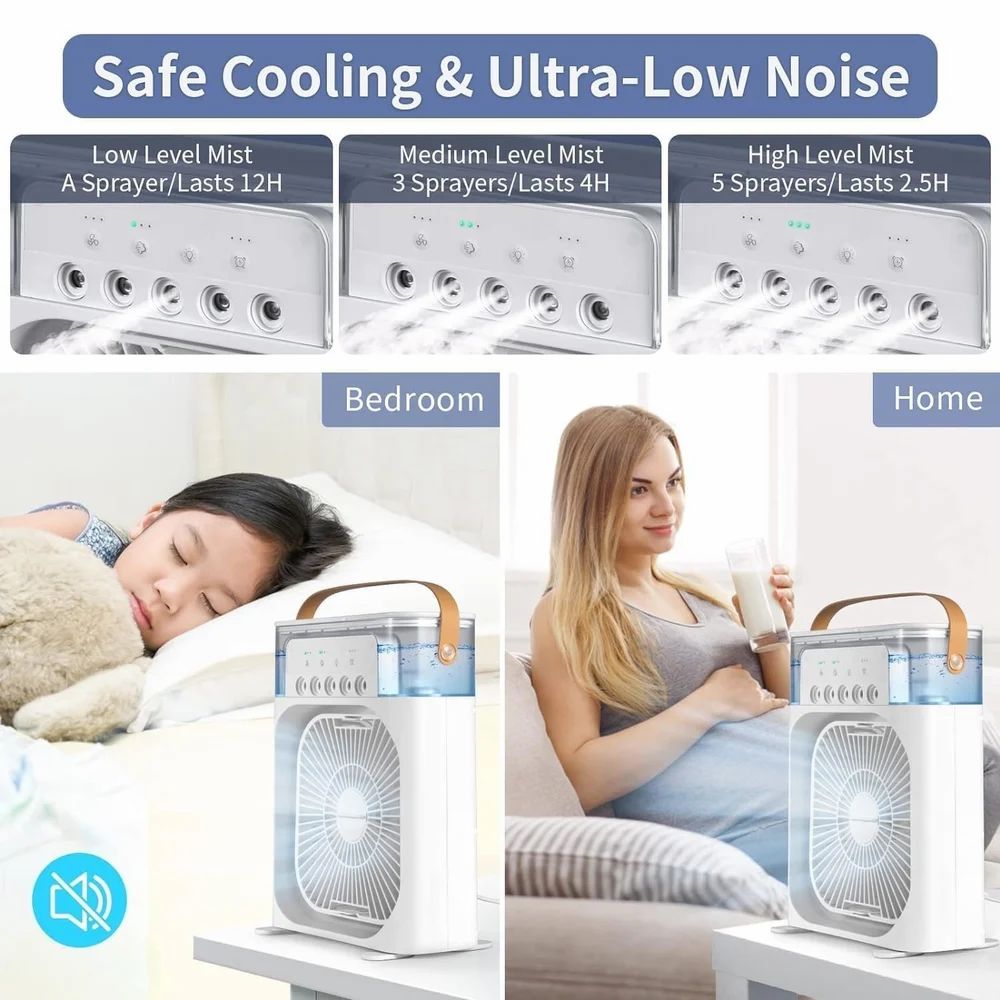 Portable Misting Fan with 600ml Tank, 5 Spray Modes, 7-Colour LED Light, Timer Function, Ultra-Quiet Operation
