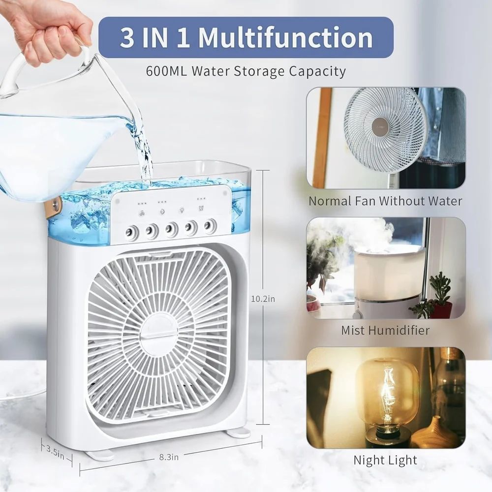 Portable Misting Fan with 600ml Tank, 5 Spray Modes, 7-Colour LED Light, Timer Function, Ultra-Quiet Operation