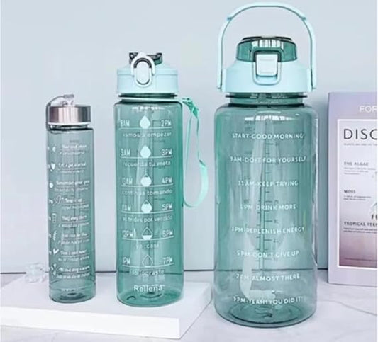 Motivational Water Bottle Set with Time Markers, 2 Litre, Pack of 3 different Sizes, Leakproof Design with Removable Straw, Mint Green